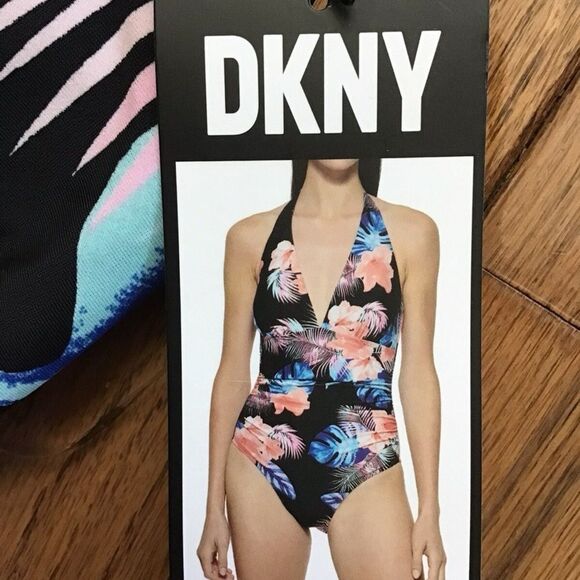 DKNY Halter Tropical Swimsuit Black Coral Large - Picture 7 of 13